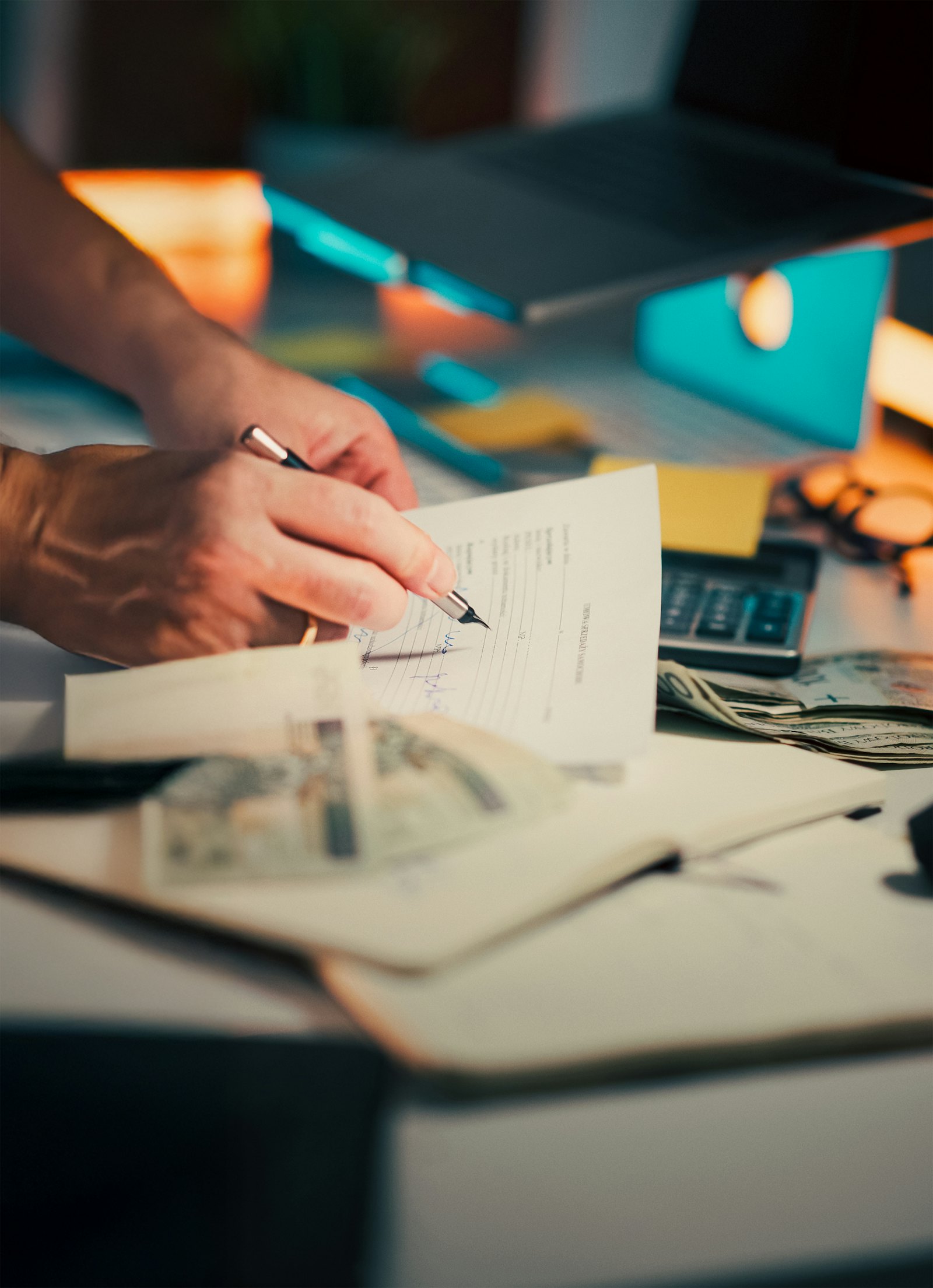 Hands signing a document at a desk, representing the HRSA grant application and award process